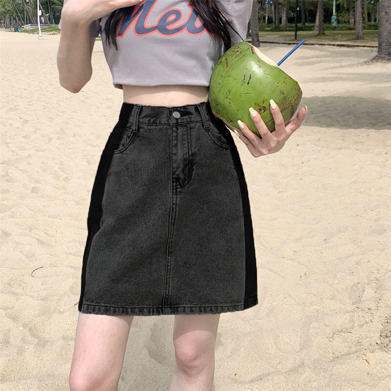 Xiang nian ni skirt for women stitching contrast color high waist korean simple a-line skirt casual skirt female