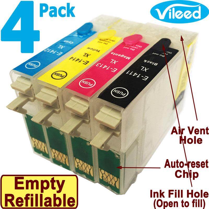Vileed 4 Pack 141 Refillable Empty Print Cartridge Without Ink T1411 T1412 T1413 T1414 Black Cyan Magenta Yellow For Epson Me 32 33 320 330 340 Me32 Me33 Me320 Me330 Me340 Me