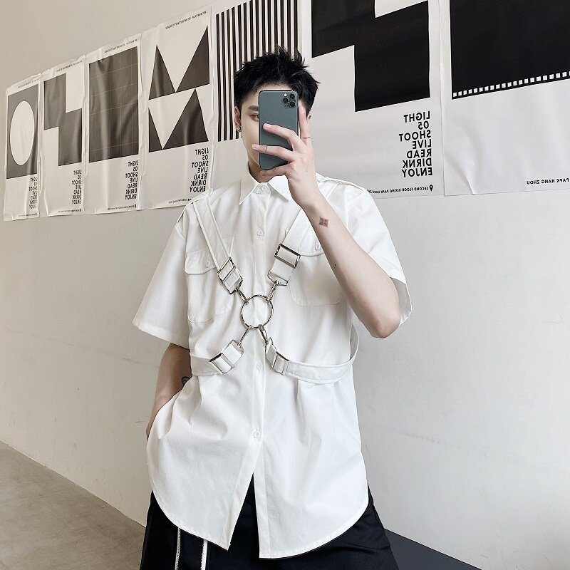 Summer Dark Style Short-sleeved Male Shirt Personality Strap Metal Ring Tooling Men Shirt Casual Single Breasted Men Clothing