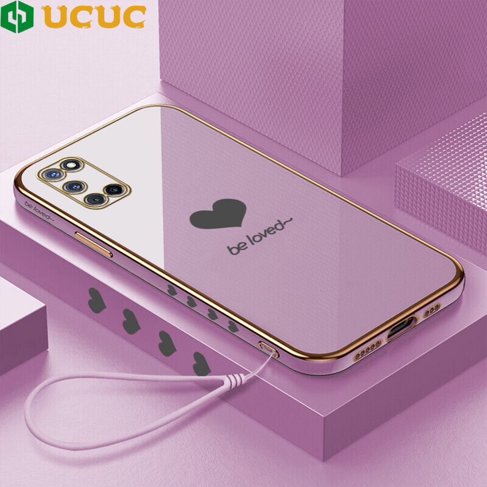 UCUC Casing For OPPO A52/Oppo A92 oppoa52 Oppoa92 Case For Girls Free Lanyard + Lover Heart Square Edge Pattern Casing Plated Phone Shell Luxury Plating Soft Phone Case