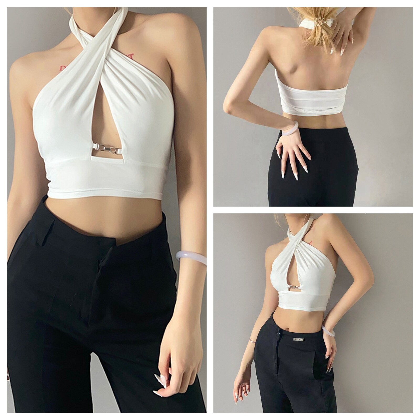 beautifultime Women Sexy Cross Halter Ruched Tank Tops Solid Color Cut Out Sleeveless Open Back Crop Top Fashion Backless Rave Club Vest