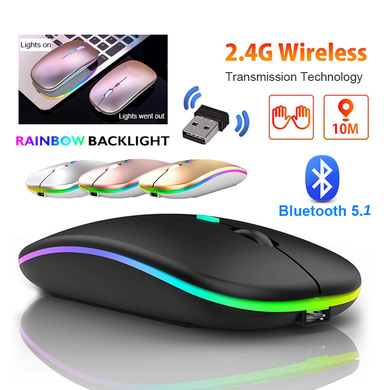 Chuột không dây im lặng và sạc lại được đèn nền LED chuột USB + chế độ Bluetooth kép Chuột Pc laptop máy tính mous 2.4GHz Receiver