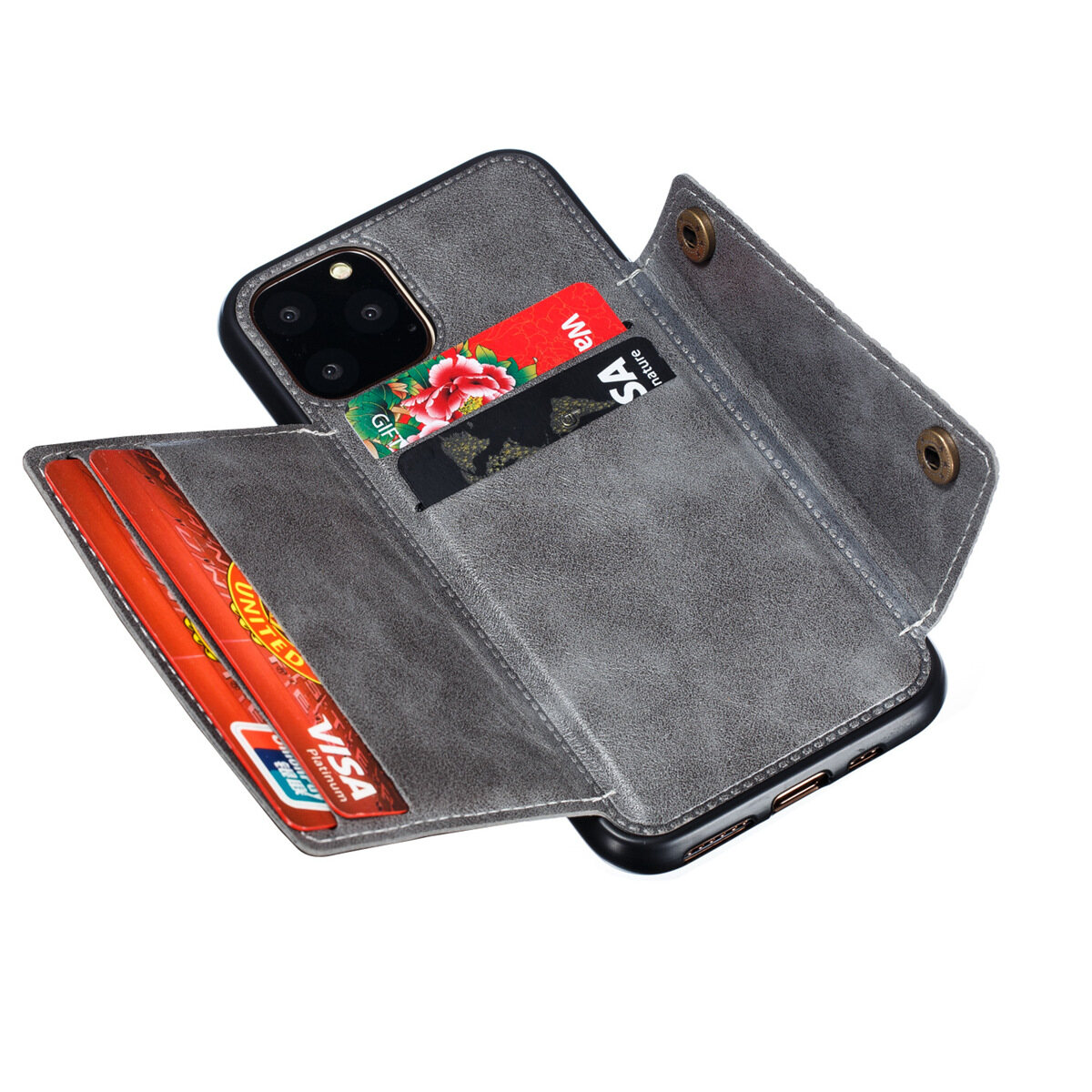 for iPhone 11 Pro Max Leather Case Multiple Folio Flip Cover Wallet Back Case Shell, can work with Car Mount, Hidden ID Credit Card Slot Holder, Retro Metal Button Clasp, Stand Support