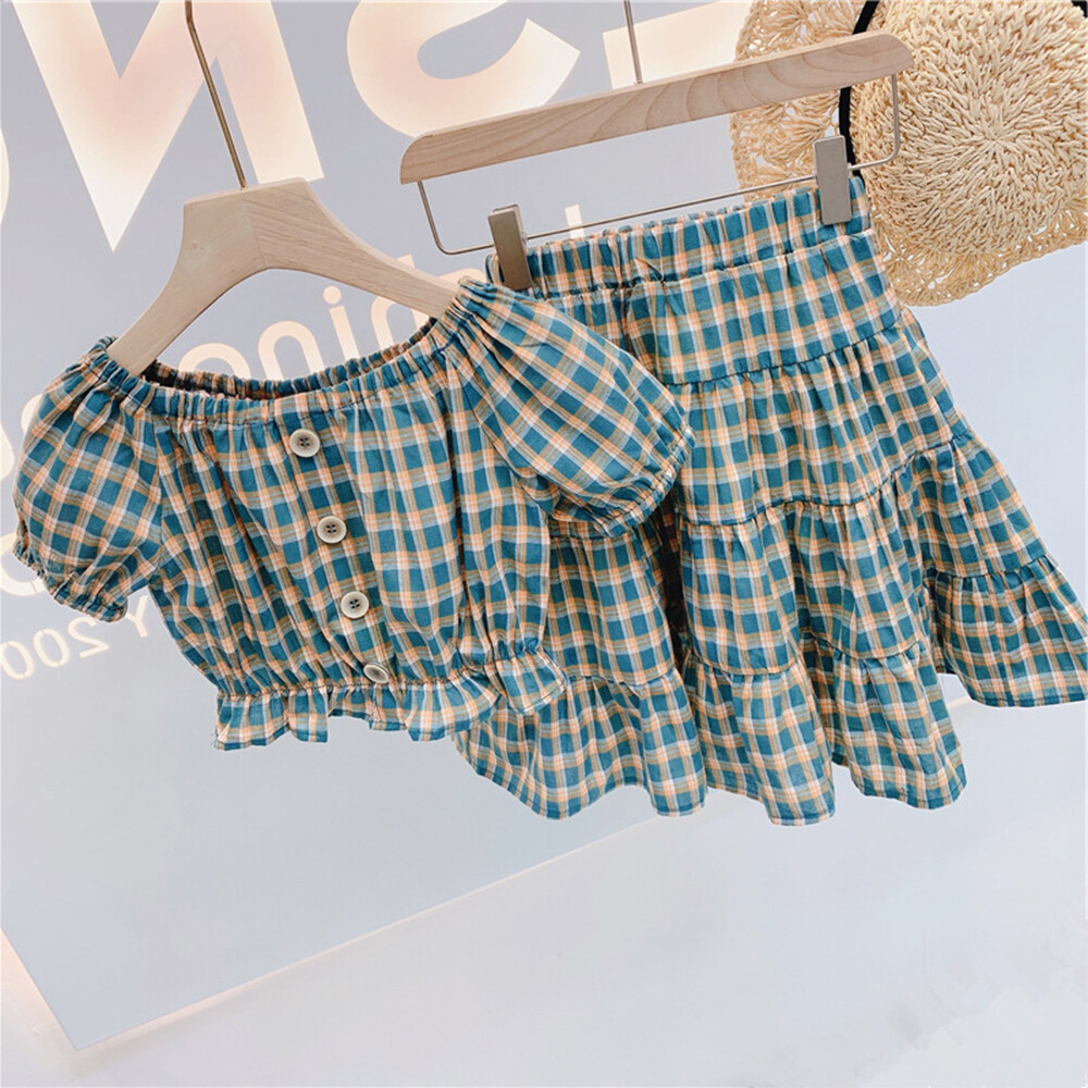Bear Leader Korean Version Baby Girl's Checkered Clothing Set Off Shoulder Baby Shirt+patchwork Skirt Two Piece Set 2023 New Summer