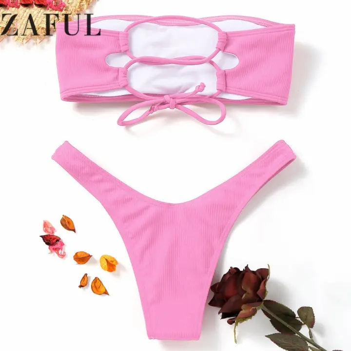 high cut ribbed bandeau bikini set