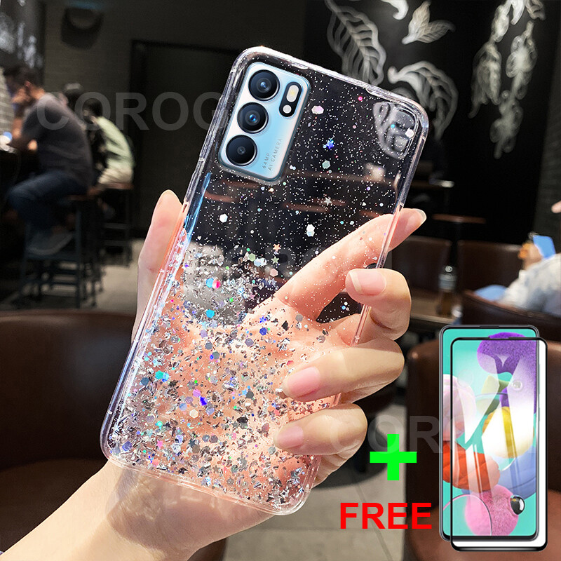 For OPPO Reno 6 5G / Reno6 Pro 5G / Reno6 Z 5G Case + Full Cover Tempered Glass Screen Protector, Luxury Shiny Glitter Starry Space Phone Casing Clear Soft TPU Silicone Shockproof Cases Protective Cover