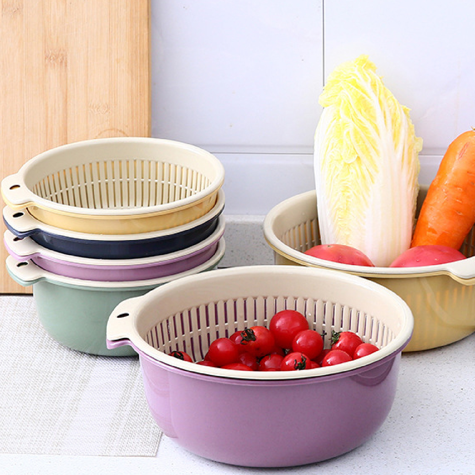Livecity Drain Basket Double Layers Multifunctional PP Kitchen Colander Strainer Household Supplies