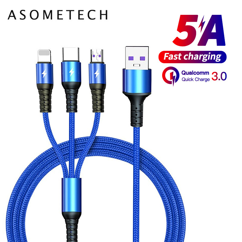 Cáp USB Asimetech 3 Trong 1, Cáp Sạc Nhanh USB Type C Cho Oppo A9 A5 2020 Xiaomi Vivo Y30 Y50 Samsung iPhone Huawei Điện Thoại Di Động