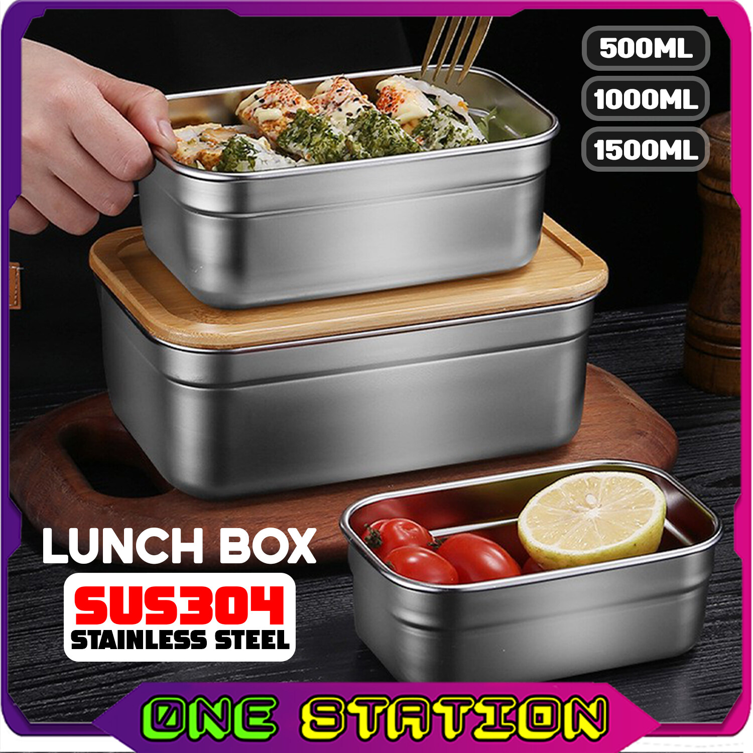 304 STAINLESS STEEL Food Container Wooden Lid Lunch Box Bamboo Bento ...