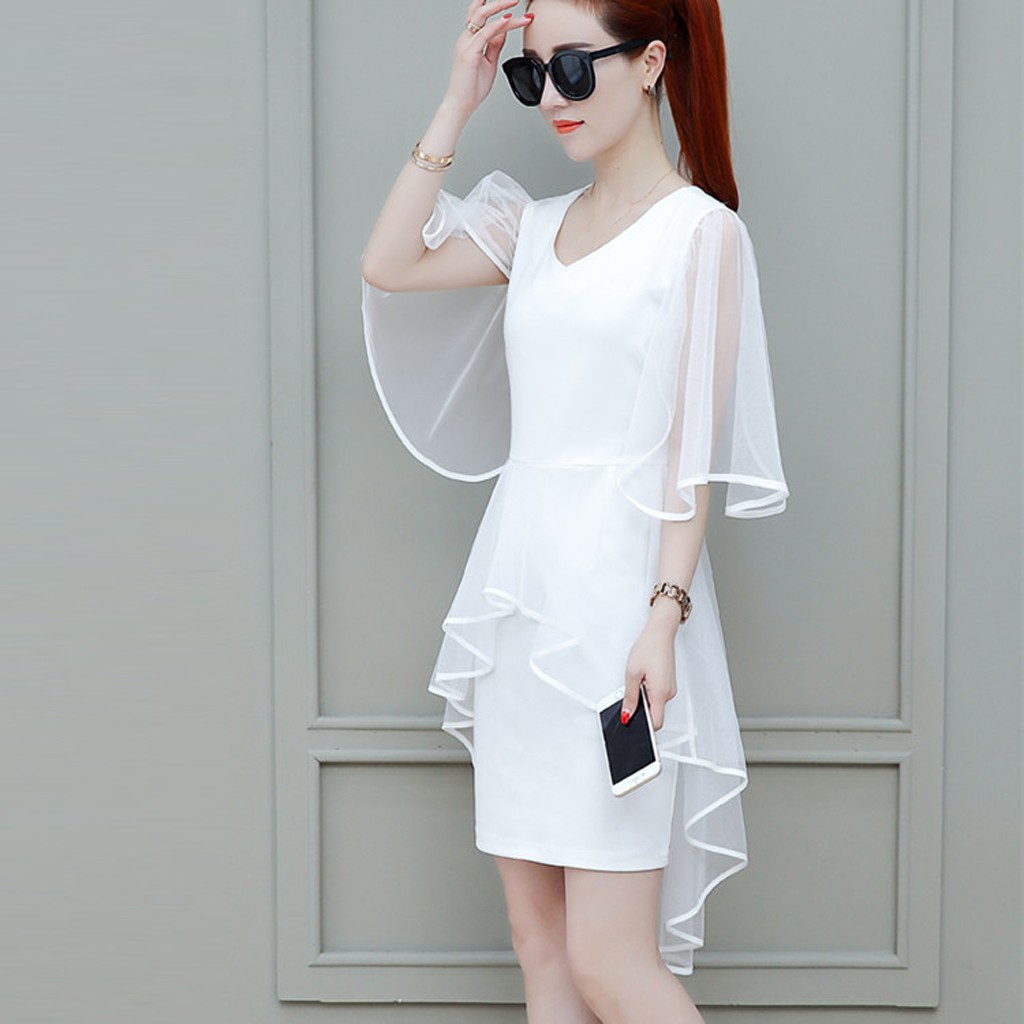 MUGE Pretty woman Women Fashion Summer Lady Elegant V-Neck Short Sleeve Pure Color Party Dress Dress dress women dinner casual long night malaysia korean wedding plus size fashion Black