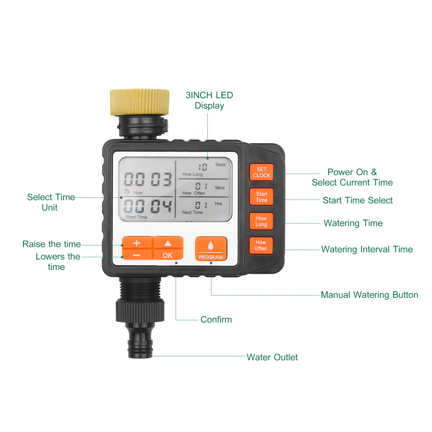 Digital Water Timer Programmable Outdoor Single Outlet Automatic On Off Water Faucet Hose Timer Irrigation System Controller with Manual Mode 3in Large Screen