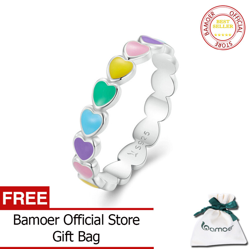 BAMOER Miễn Phí Vận Chuyển Nhẫn Đeo Tay Hình Trái Tim Cầu Vồng Xếp Chồng Lên Nhau Bằng Bạc Ý 925 Thật Tháng 10 Cho Nữ Nhẫn Đính Hôn Đám Cưới Trang Sức Anel SCR444