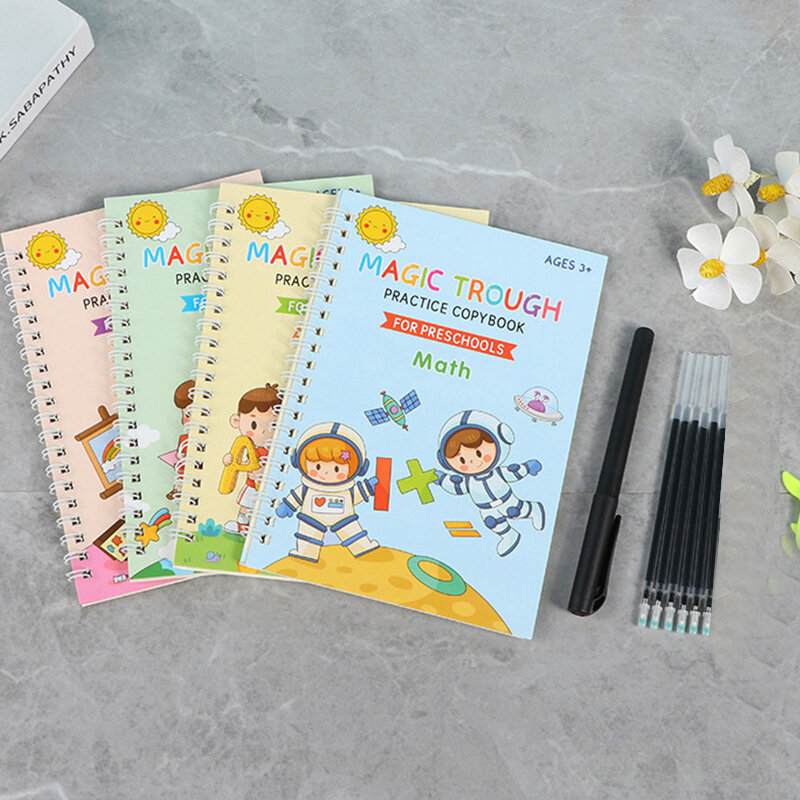 FS 4 sets English Character Practice Sticker Children's Word Practice Post Fun Math Calculation Introduction to Drawing Pen Control Training Book