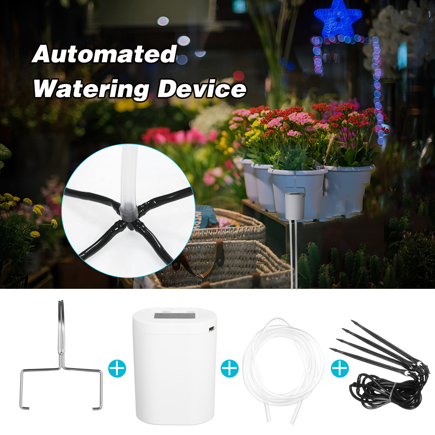 Automated Watering Device Smart Water Controller Automatically Watering System Drip Irrigation Kit for 4 Potted Plants with 2000mAh Rechargeable Bat-tery