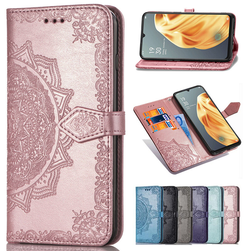 For OPPO Reno 3 Case, Luxury 3D Relief Mandala Flower Flip Magnetic Closure Leather Wallet Stand Case with Card Slots and Hand Strap Purse Phone Casing Cover for OPPO Reno3