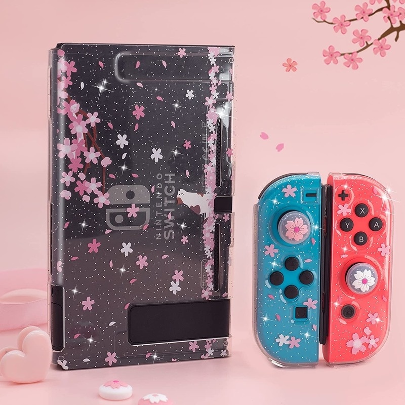 Ốp Mềm Kim Tuyến Sakura Vỏ Bảo Vệ Vỏ Bọc Lấp Lánh Cho Nintendo Switch NS JoyCon Miếng Bảo Vệ Pha Lê + 2 Miếng Kẹp Ngón Tay Cái