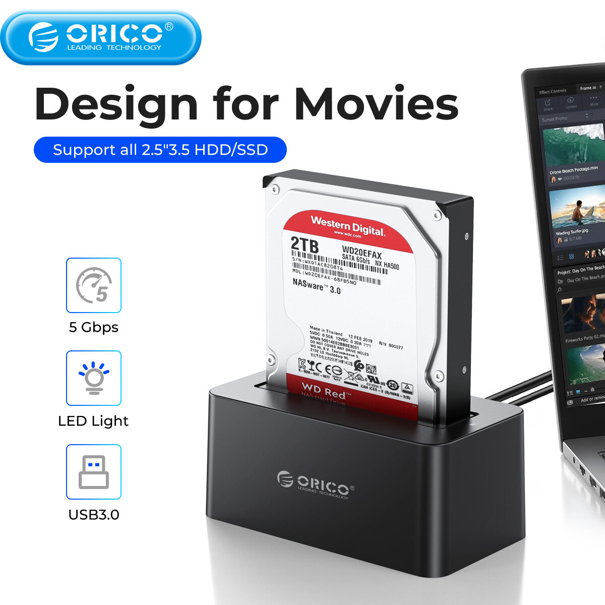 Orico hdd docking station 2.5/3.5 usb3.0 to sata hard disk box with 12v2a power adapter hard drive case enclosure
