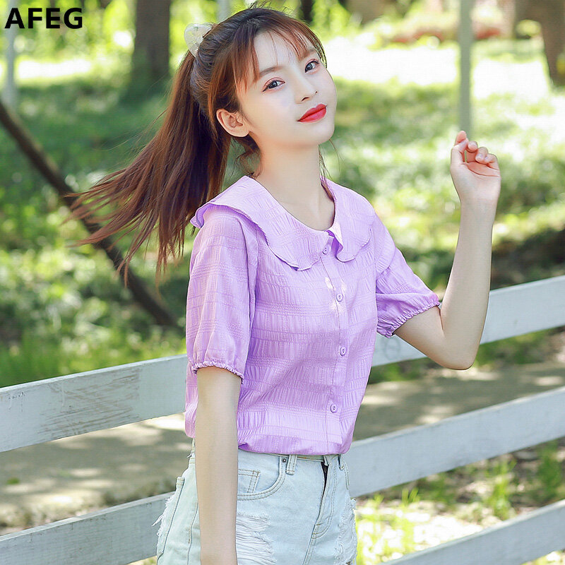 AFEG new Korean women's short-sleeved solid color casual fashion wild temperament elegant sweet beauty shirt