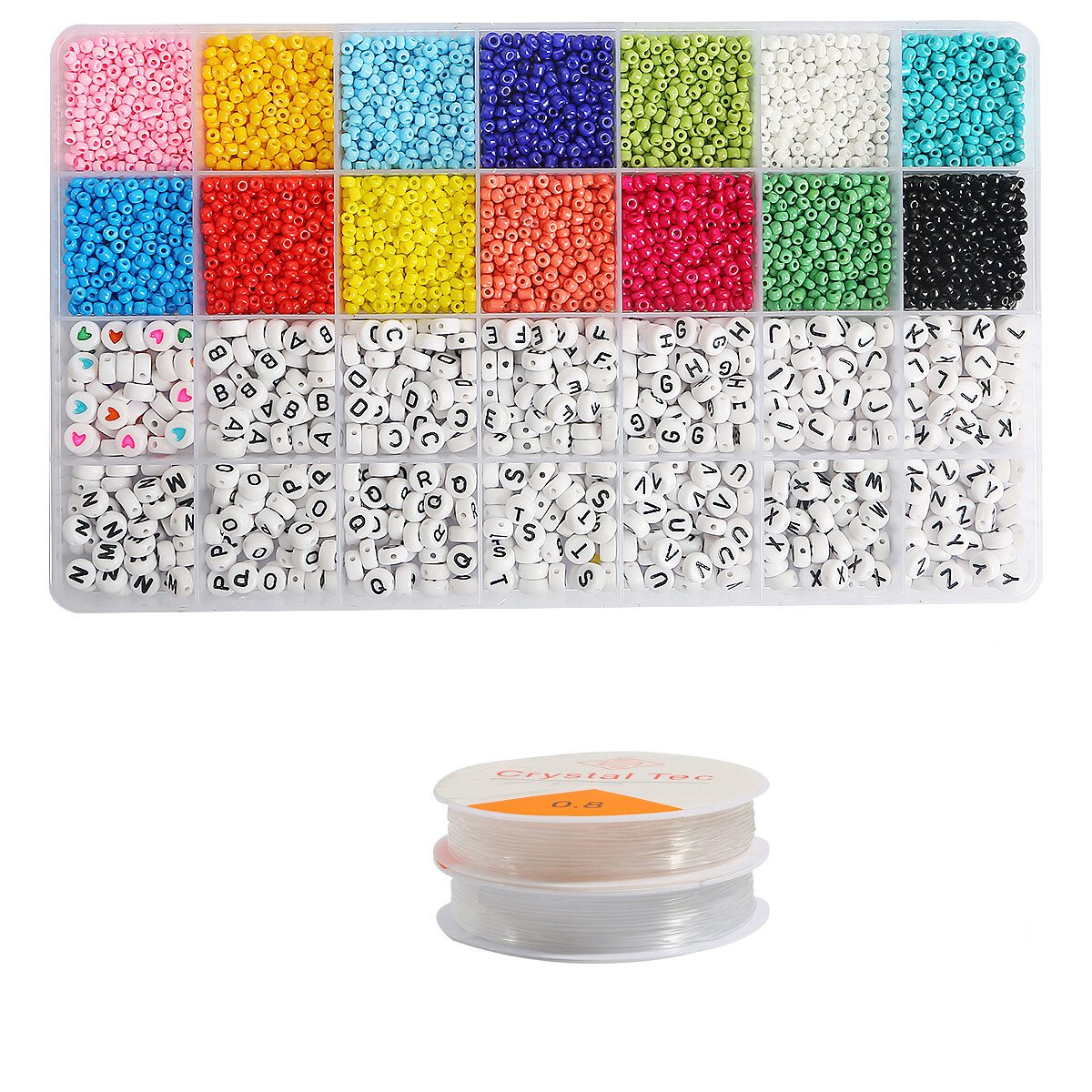 5000Pcs/Box Beads Kit With Elastic Line,3mm Glass Seed Beads 4*7mm Acrylic Alphabet Letter Beads And Heart Shape Beads For Jewelry Making Necklace Diy Bracelet