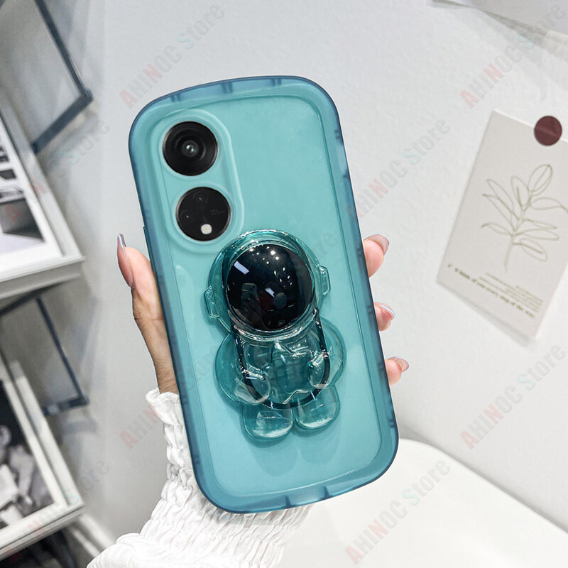 For OPPO Reno 8T 5G Phone Case With Astronaut Bracket Soft Transparent Stand Casing Candy Color Camera Protection Back Cover Reno8 T 5G