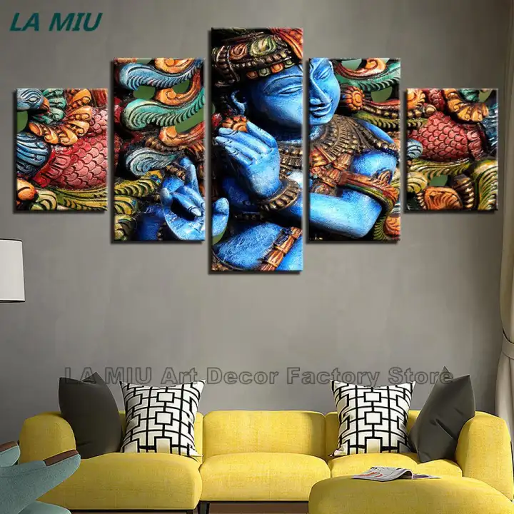 5 Pieces Wall Art Framework Lord Krishna Hindu Religion Paintings