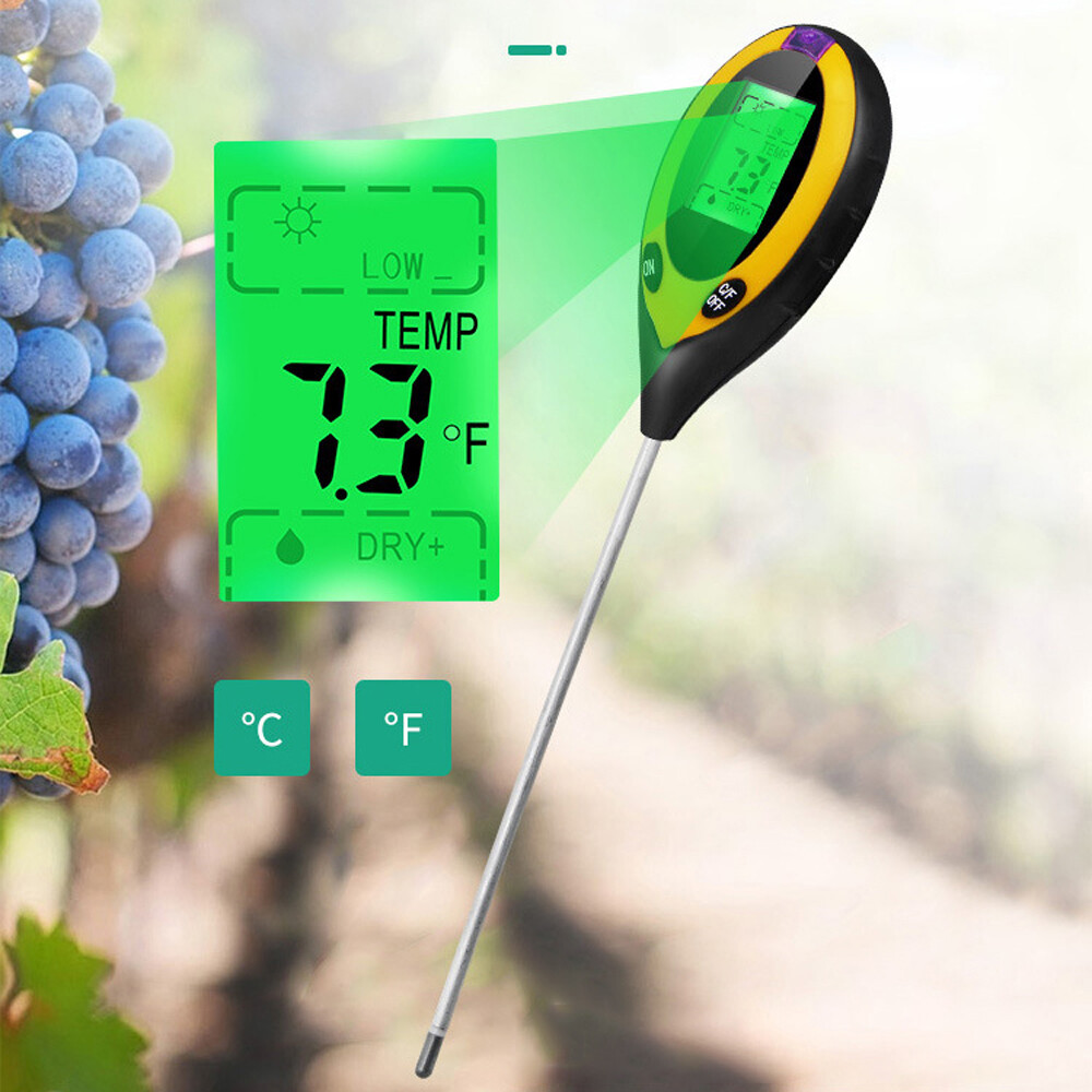 4in1 Digital Soil Analyzer Multifunctional Soil Tester Sunlight Intensity PH Value Moistures Temperature Detector Meter Potted Crops Planting Cultivating Tool with Dial for Field Garden Greenhouse