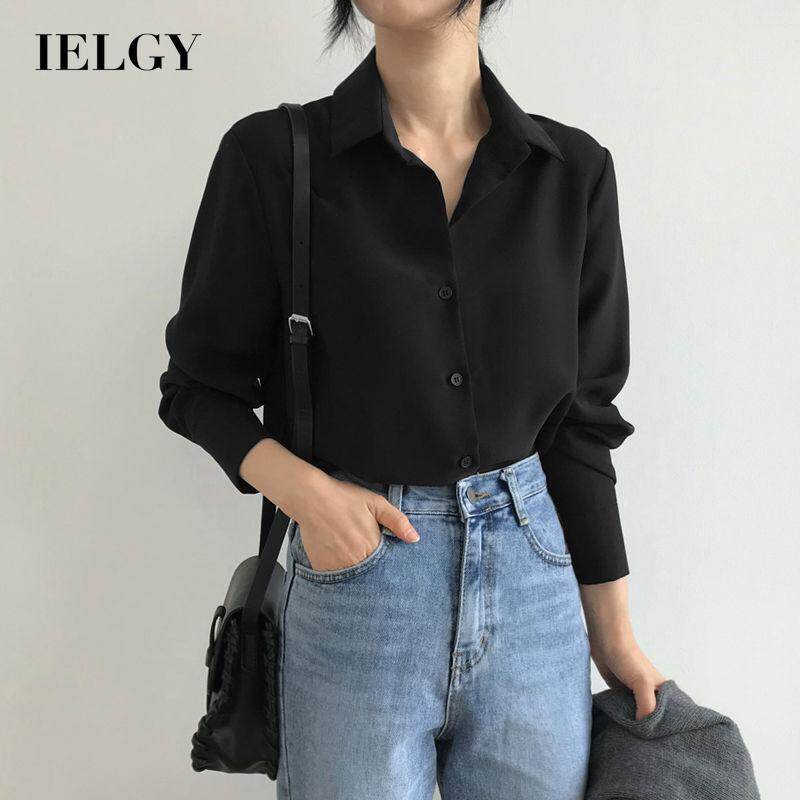 IELGY Women's clothes base fashion long sleeves versatile loose black Korean style shirts simple