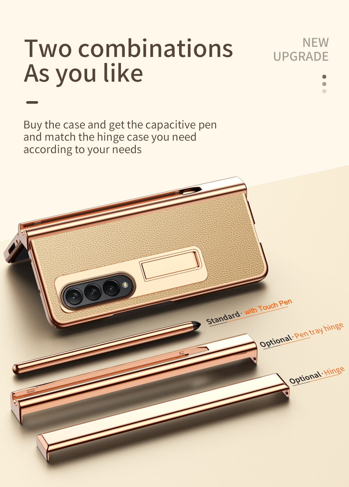 [With Pen+Screen Film] FLOVEME Plating Lychee Pattern Phone Case For Samsung Galaxy Z Fold 4 Fold 3 5G Hinge Protection With Front Screen Glass Film Stand Holder Back Cover For Galaxy Z Fold 4 Fold 3