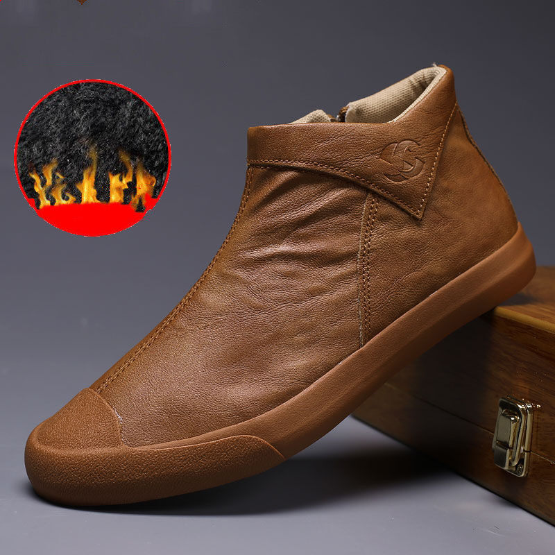 Autumn men's high-top casual shoes men's leather shoes, Martin boots plus velvet warm cotton shoes