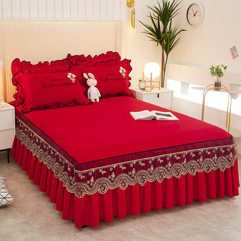 Fashion Bed Sheet+ 2pcs Pillow Covers Bedspread Bed Skirt Thickened Sheet Single Bed Dust Ruffle Flower Pattern Bed Cover Sheets
