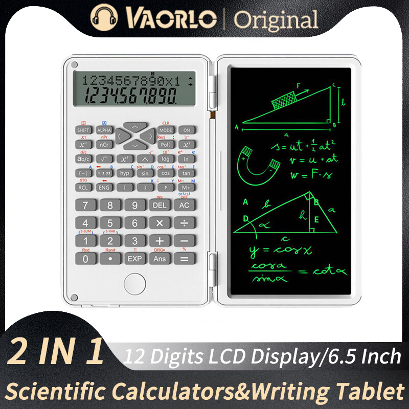 VAORLO Desktop Foldable 2 IN 1 Scientific Calculators 12 Digits LCD Display With 6.5 Inch Writing Tablet Digital Drawing Pad Graphing Support Stylus Pen Erase Button Lock For School College Office Business Researchers Students