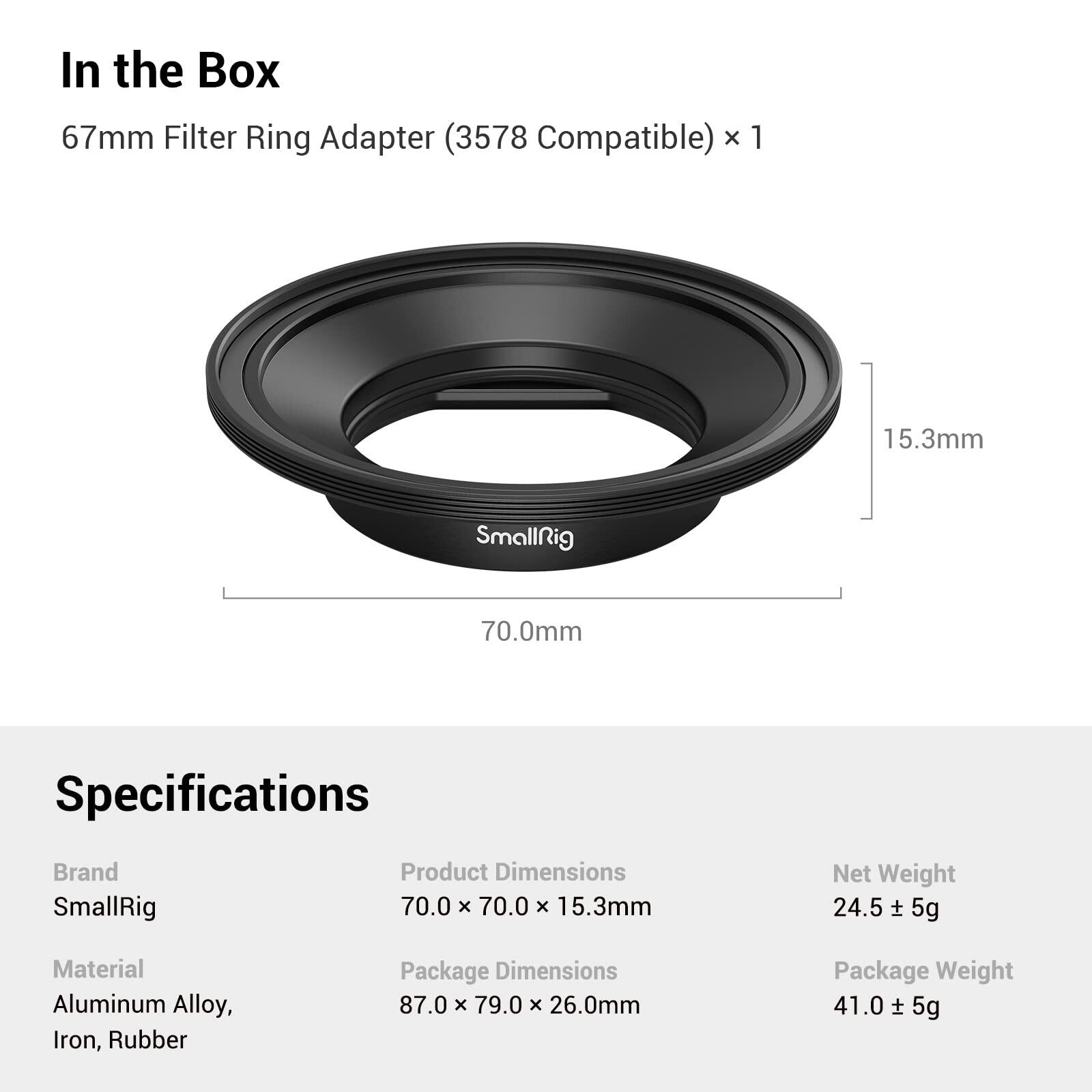 SmallRig 67mm Cellphone Filter Ring Adapter for SmallRig 1.55XT Anamorphic Lens 3578 3841