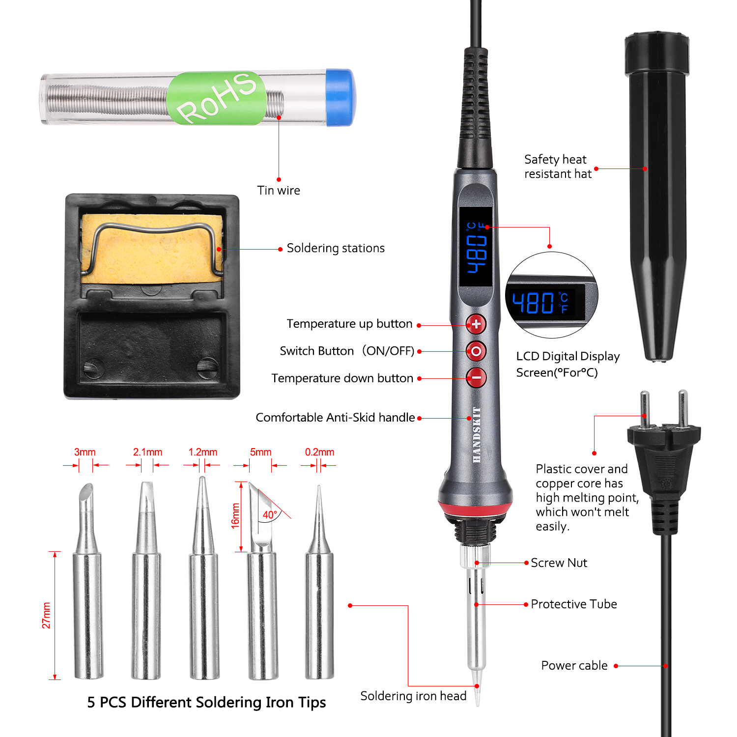 Smart Sensor HANDSKIT Bộ Mỏ Hàn Kỹ Thuật Số LED 90W Mỏ Hàn Điện Điều Chỉnh Nhiệt Độ Dụng Cụ Hàn 4 Lõi Dây Với Chế Độ Ngủ Tự Động