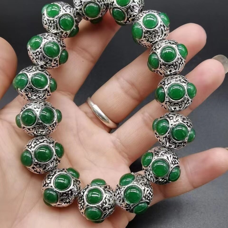 Tibetan Silver Inlaid Jade Bracelet Retro Craft Exquisite Fine Old Silver Bracelet for Men and Women National Style