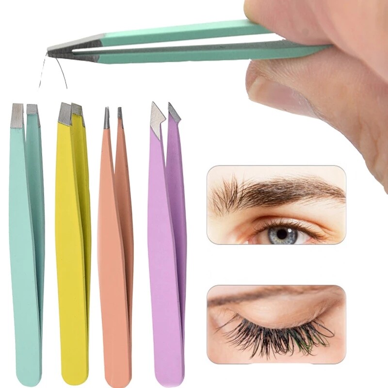 Hair Removal Tweezers Stainless Steel Eyebrow Tweezers Pink Slanted Black Tip Point Face Harmless Makeup Beauty Tool