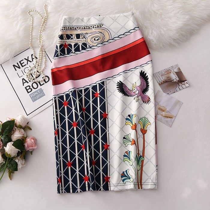 Ready Stock Women's Pencil skirt 2019 New Cartoon Mouse Print High Waist Slim Midi Skirts