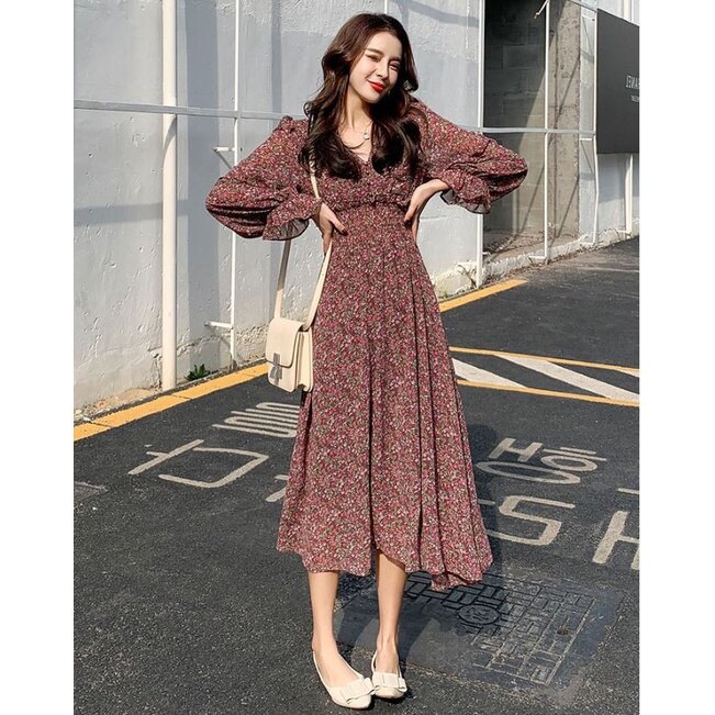 Korean Dress Women Chiffon 2026.⭐(Ready Stock) Korean Women Floral Long Sleeve One-Piece Dress Midi ...