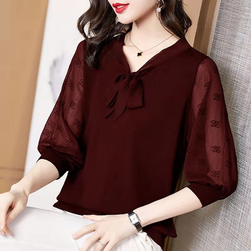 2021 New Summer Chiffon Shirt Female Plus Size Oversized M-5XL Blouses Fashion Solid Color Bow Collar 3/4 Sleeve Shirts