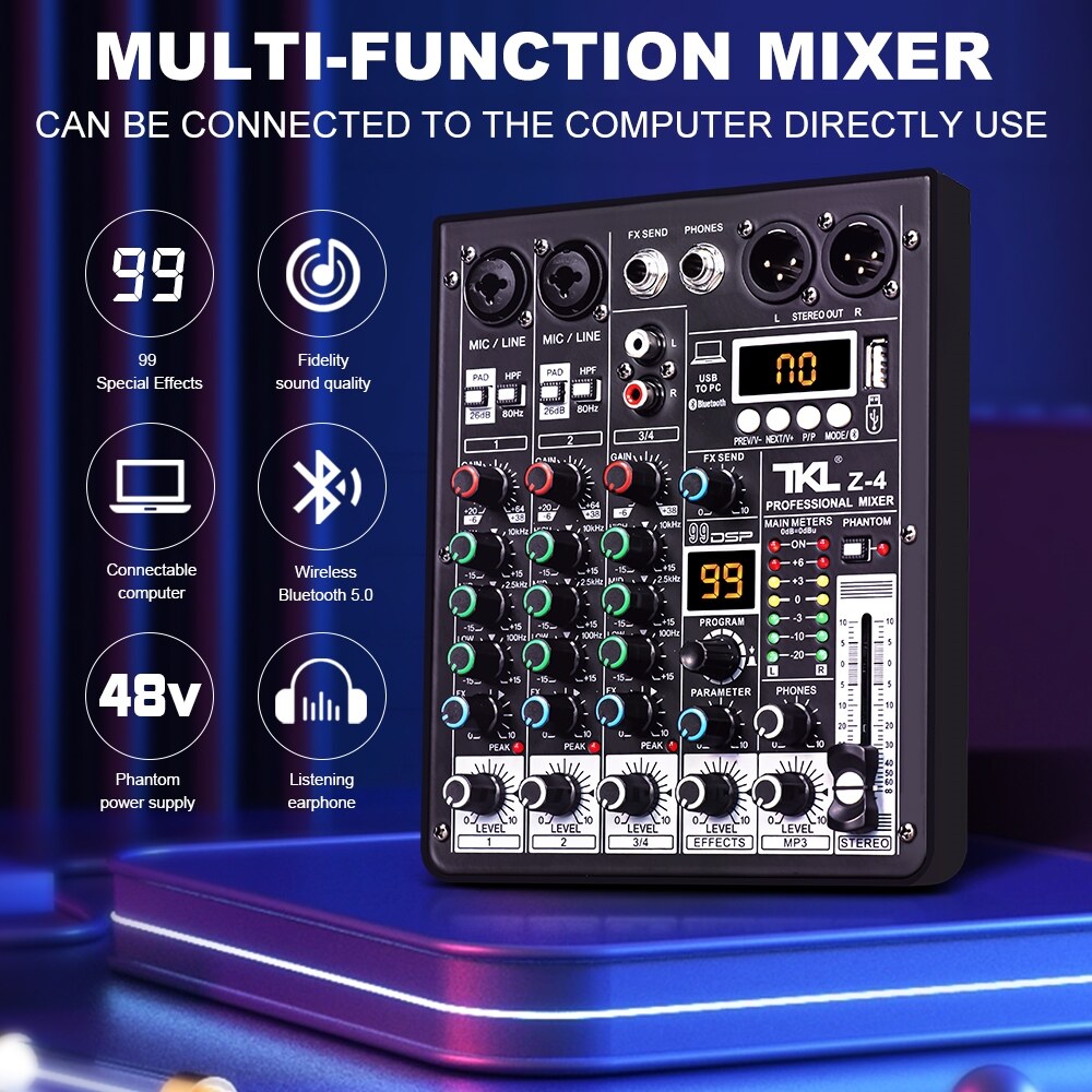 TKL 4 Channel 99 DSP Audio Mixer 48V Phantom Power USB Studio Sound