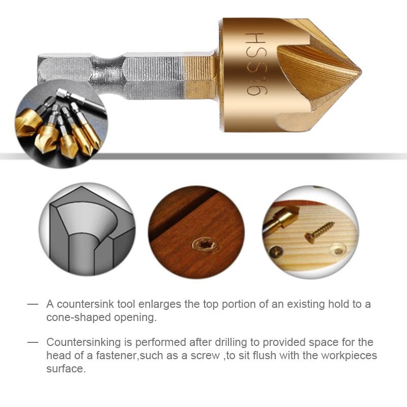 3/6Pcs Countersink Drill Bit Set 1/4'' Hex Shank HSS 5 Flute Countersink 90 Degree Wood Chamfering Cutter Chamfer 6mm-19mm