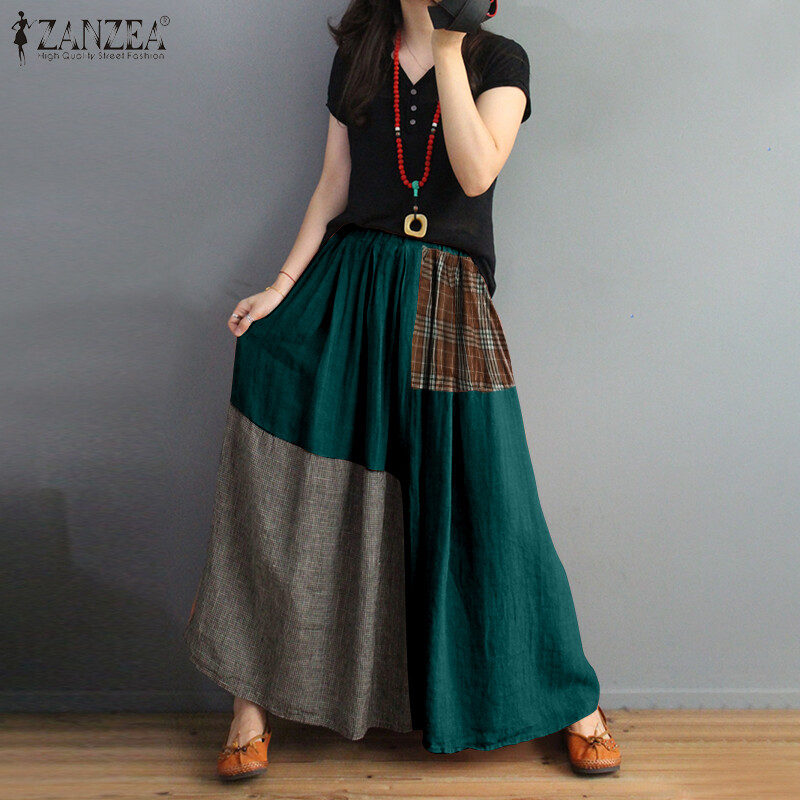 ZANZEA Women Check Casual Loose Skirts Elastic Waist Retro Long Maxi Skirts Plus