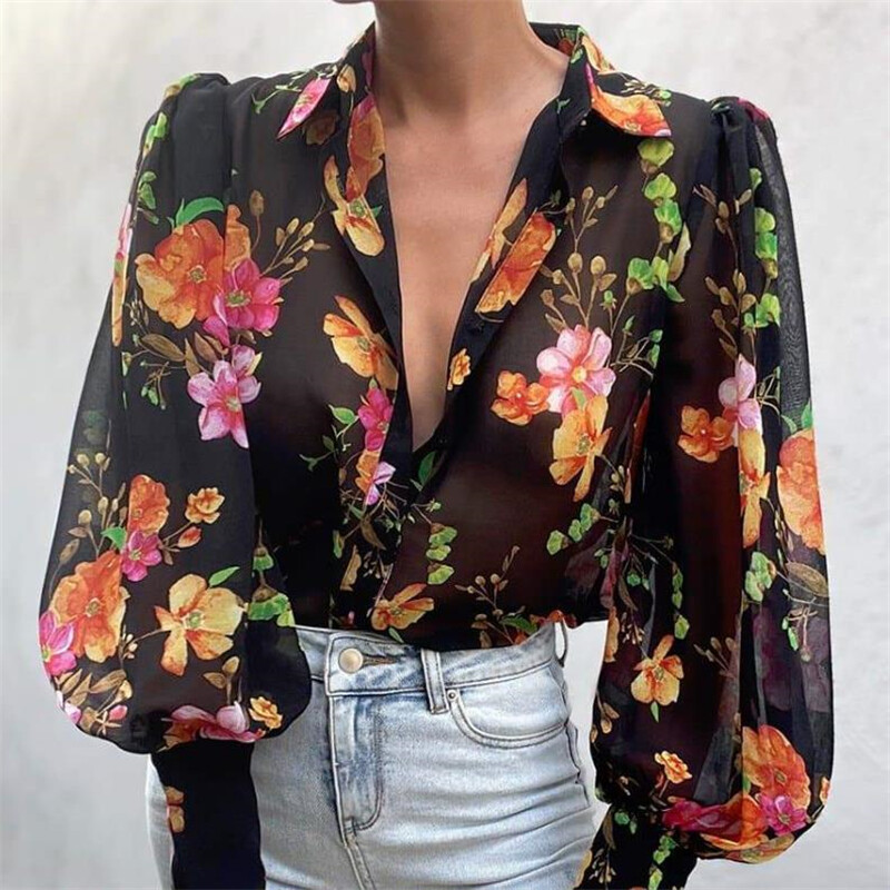 Modelhouses# Women Casual Lantern Sleeve Shirt Fashion Printing Lapel Loose Single-breasted Tops