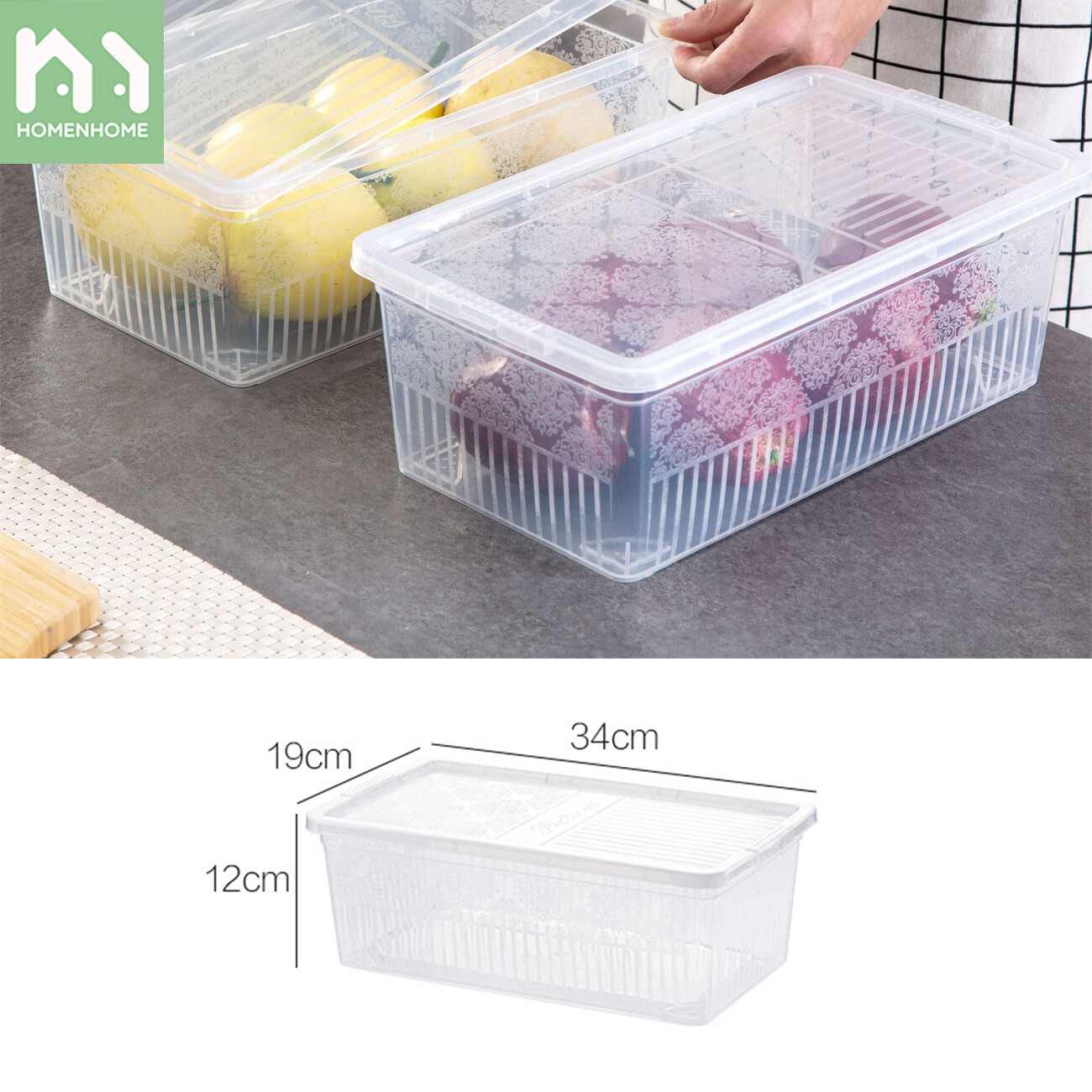 Homenhome Transparent Plastic Refrigerator Storage Box Kitchen Large Fruit with Lid