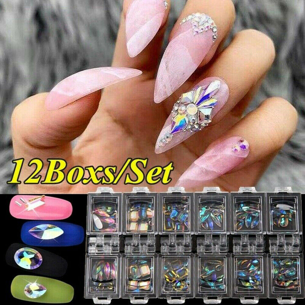 12pcs/box Colorful Nail Rhinestones AB Diamond Marquise Water Drop Oval Shape Glass Gems 3d Glitter Nail Art Decorations Accessories