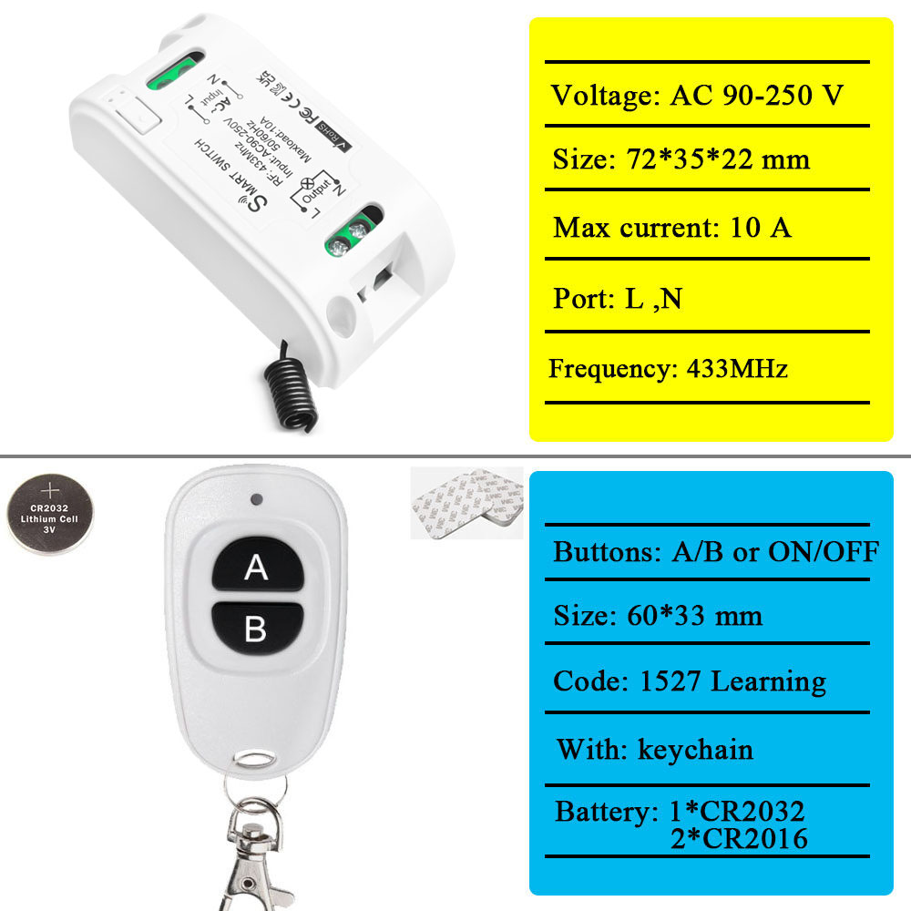 WenQia 433 MHz RF Universal Wireless Remote Control Switch AC 110V 220V 1CH Light Switch Relay Receiver Transmitter for Led Fan Lamp