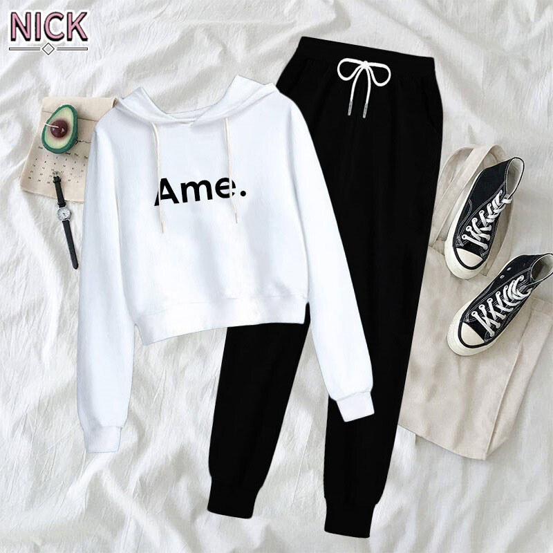 NICK suits for women，Autumn and winter Korean version of the hooded long-sleeved letter printed sweater, high-waisted thin waist pants plus size two-piece suit
