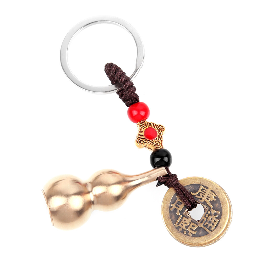 [Cutewomen2020] 2 Feng Shui Coins with Brass Calabash Wu Lou Keychain for Long Lasting Travel Success of Porsperity and Good Luck with Blessing Paper on It