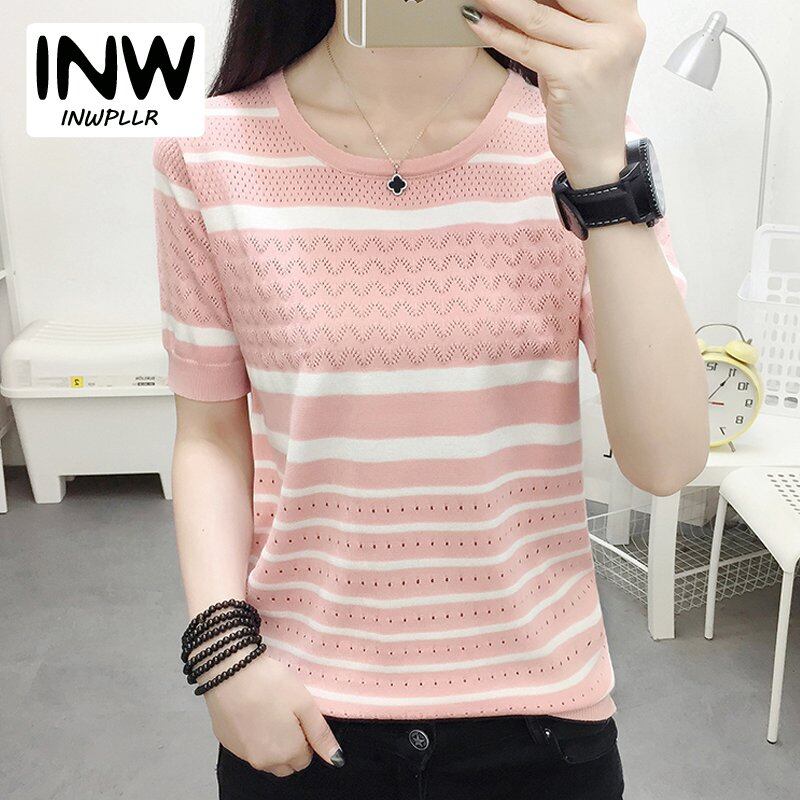 INWPLLR Summer Women Blouses Fashion Hollow Crochet Shirts For Women Slim Knitwear Stripes Blouse Korean Casual Short Sleeve Lady Tops