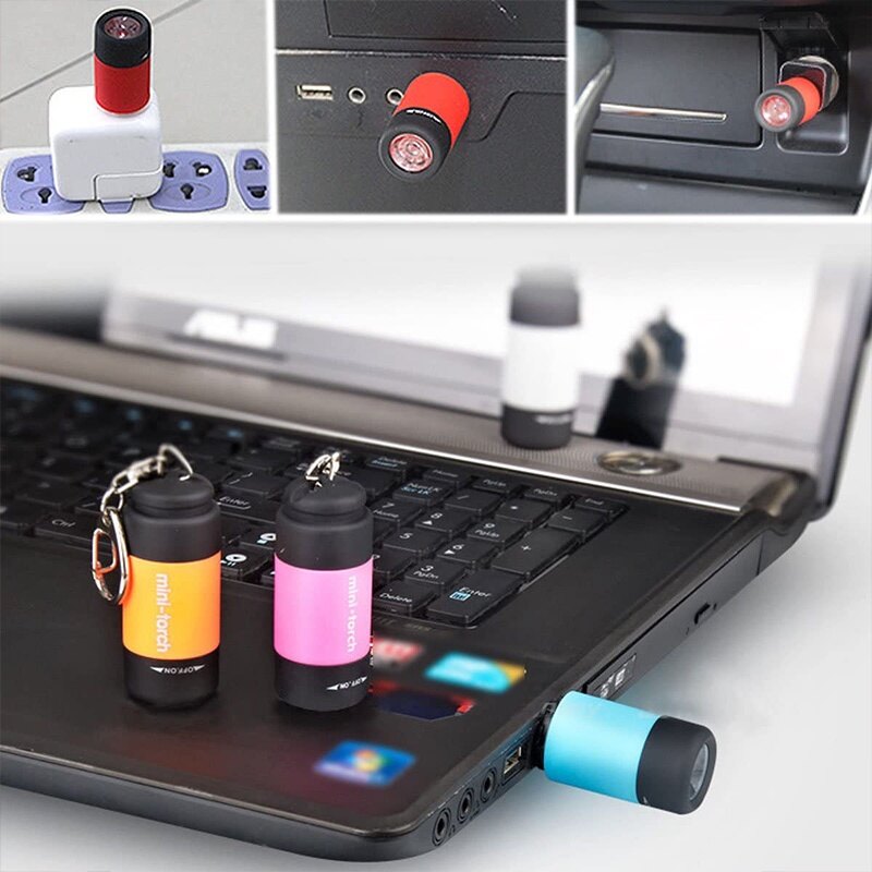 Romahome xách tay đèn pin mini có thể sạc qua USB Móc treo chìa khóa ánh sáng ngoài trời ba lô cắm trại công cụ đi bộ đường dài