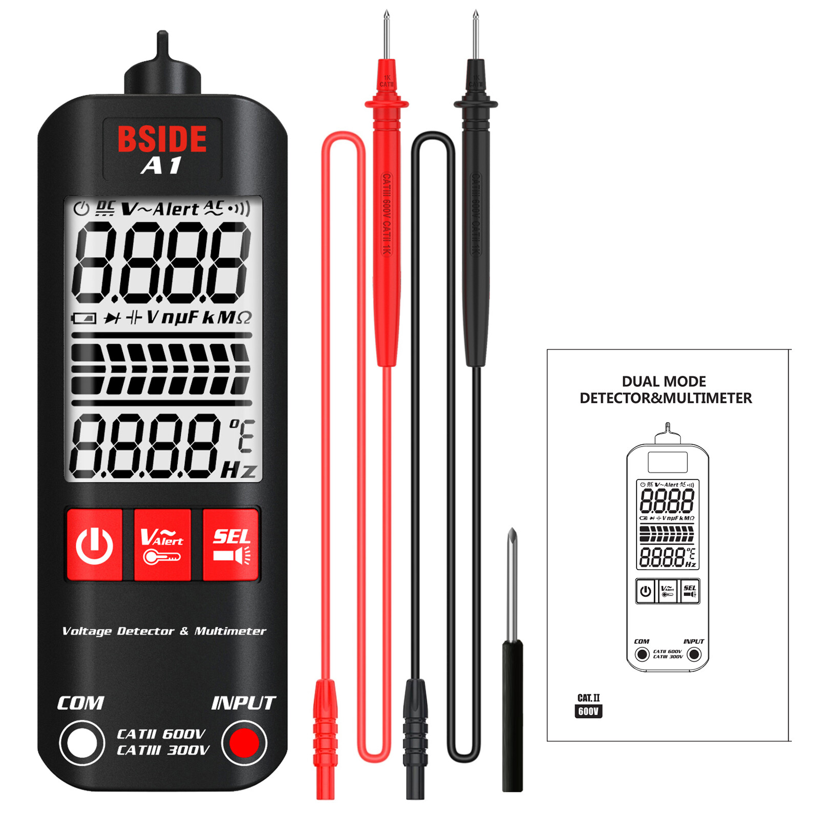 KKmoon Đồng Hồ Vạn Năng Mini BSIDE A1 Máy Kiểm Tra Kỹ Thuật Số LCD Máy Dò Điện Áp 2000 Đếm Điện Áp DC/AC Điện Trở Tần Số NCV Liên Tục Kiểm Tra Dây Trung Tính Máy Đo RMS Thực